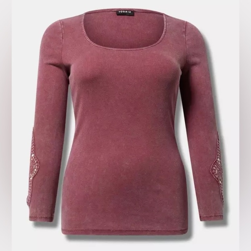 Torrid Cotton Modal Rib Scoop Neck Crochet Long Sleeve Top